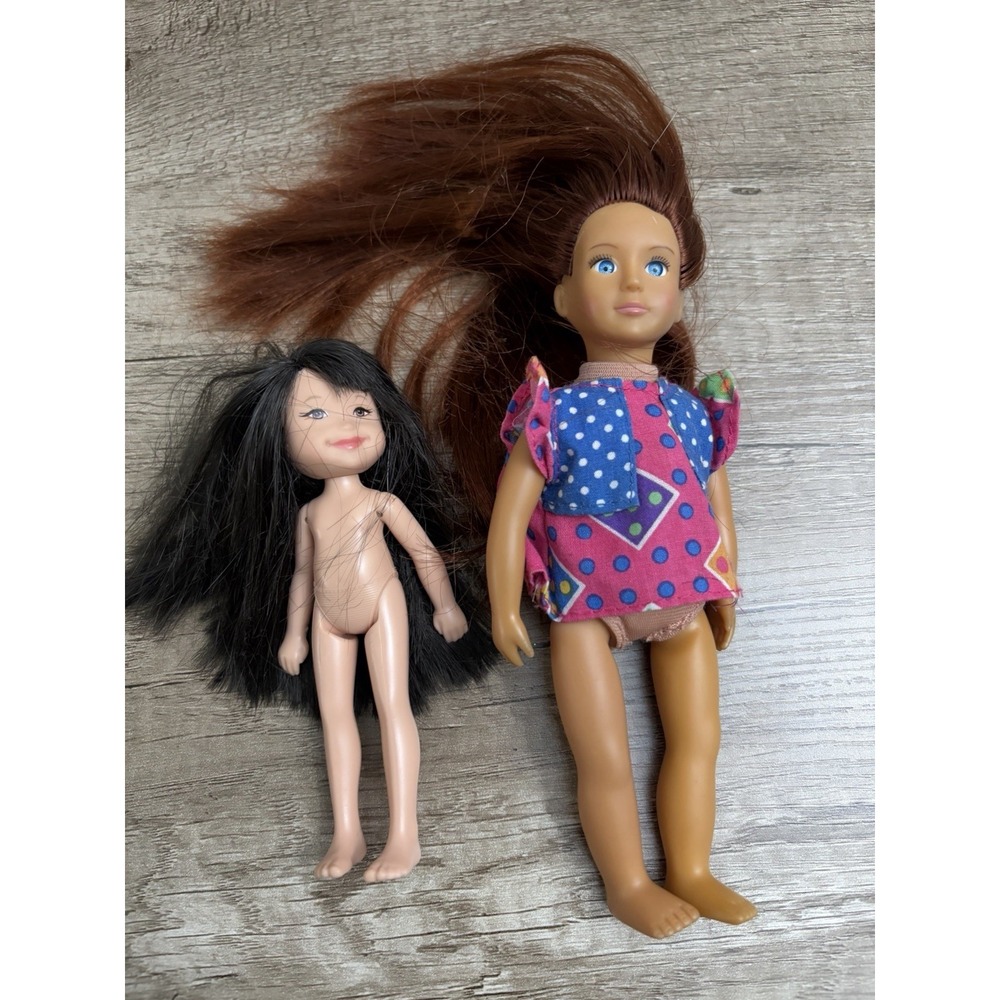 2 Small Little Sister Dolls 4-6" Brown Hair Black Hair Mattel Battat
